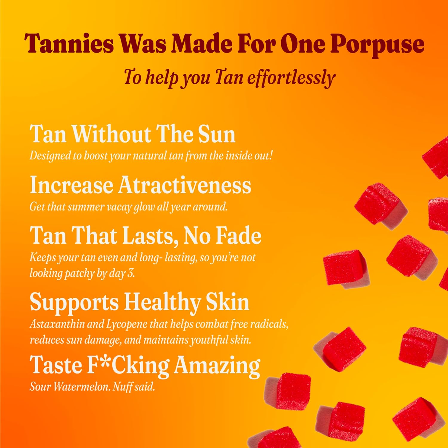 Vegan Tanning Gummies with Astaxanthin, Lycopene, Beta Carotene | Boost Melanin for Radiant Skin | Non-GMO Supplement for Skin Health & Glow | 30-Day Supply