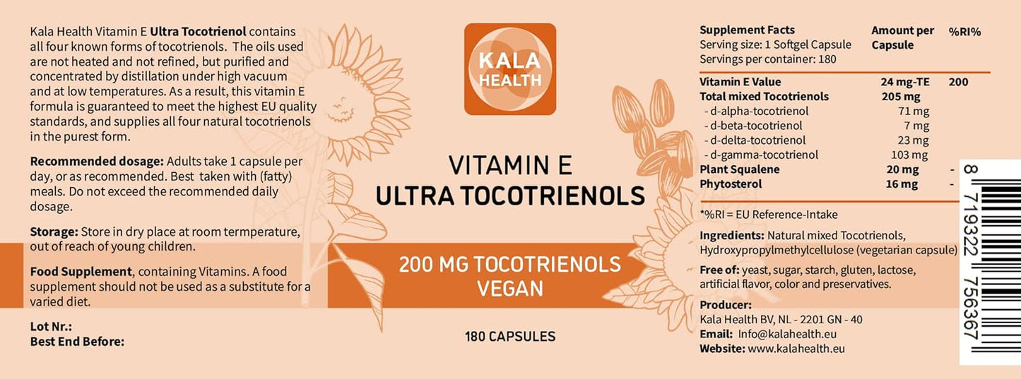 Vegan Tocotrienol Supplement 200mg - Immune & Antioxidant Support - All 4 Tocotrienols - Tocopherol Free - KALA HEALTH