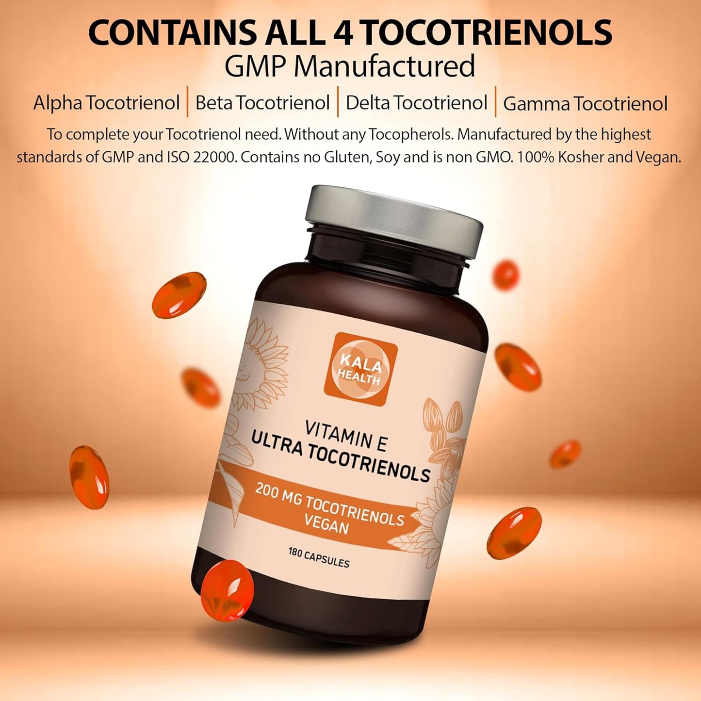 Vegan Tocotrienol Supplement 200mg - Immune & Antioxidant Support - All 4 Tocotrienols - Tocopherol Free - KALA HEALTH