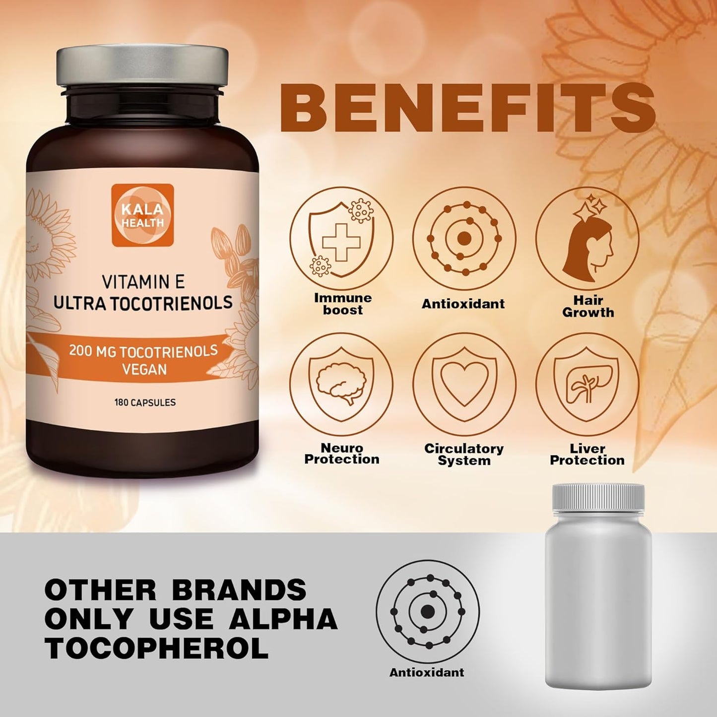 Vegan Tocotrienol Supplement 200mg - Immune & Antioxidant Support - All 4 Tocotrienols - Tocopherol Free - KALA HEALTH