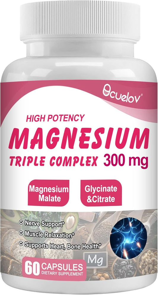 Vegan Triple Magnesium Complex Supplement for Muscles, Nerves, Bone & Energy - 300mg Magnesium (Glycinate, Malate & Citrate) - Non-GMO | 60 Capsules