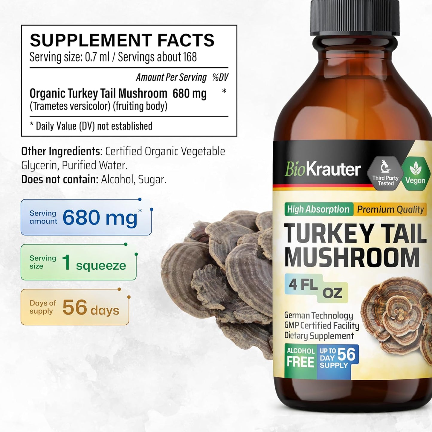 Vegan Turkey Tail Mushroom Extract Drops - Immune Support Supplement - Alcohol & Sugar Free - 4 Fl.Oz.