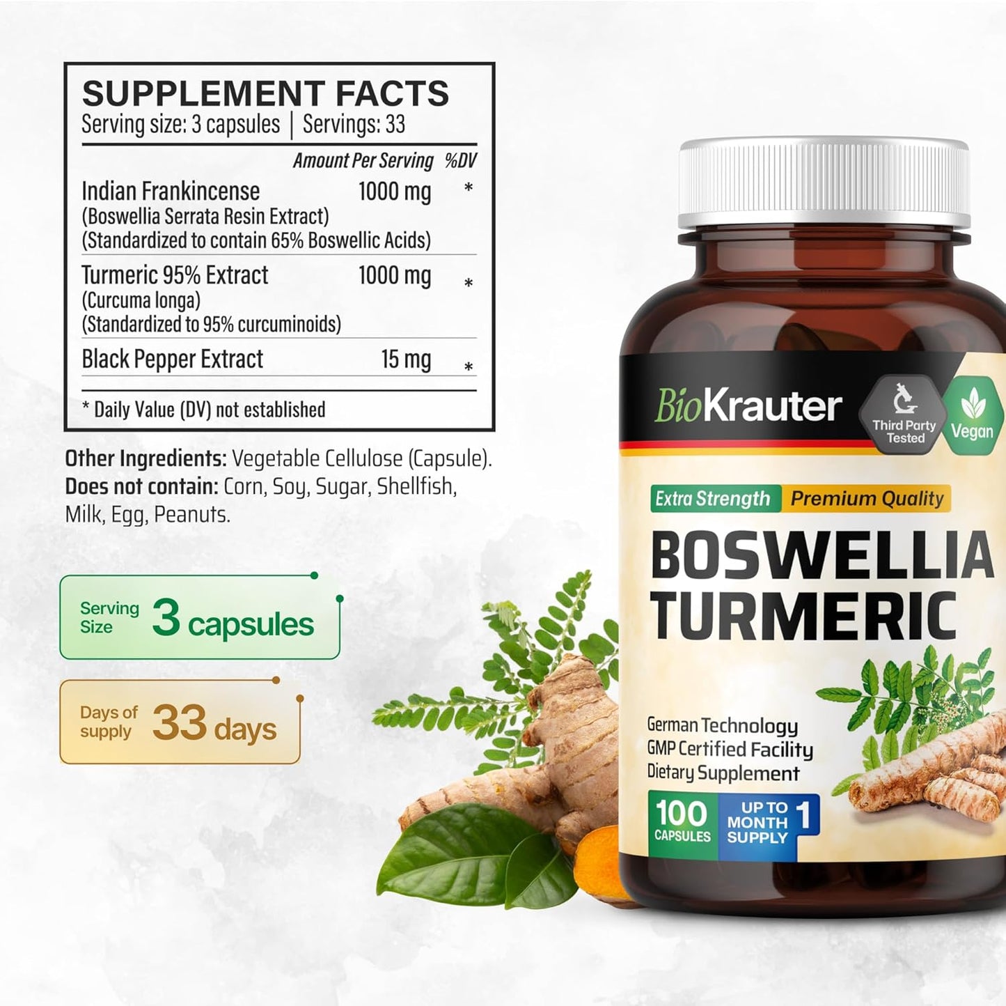 Vegan Turmeric and Boswellia Extract Capsules - 2000 mg Blend with Black Pepper - 100 Count - Herbal Supplement Formula