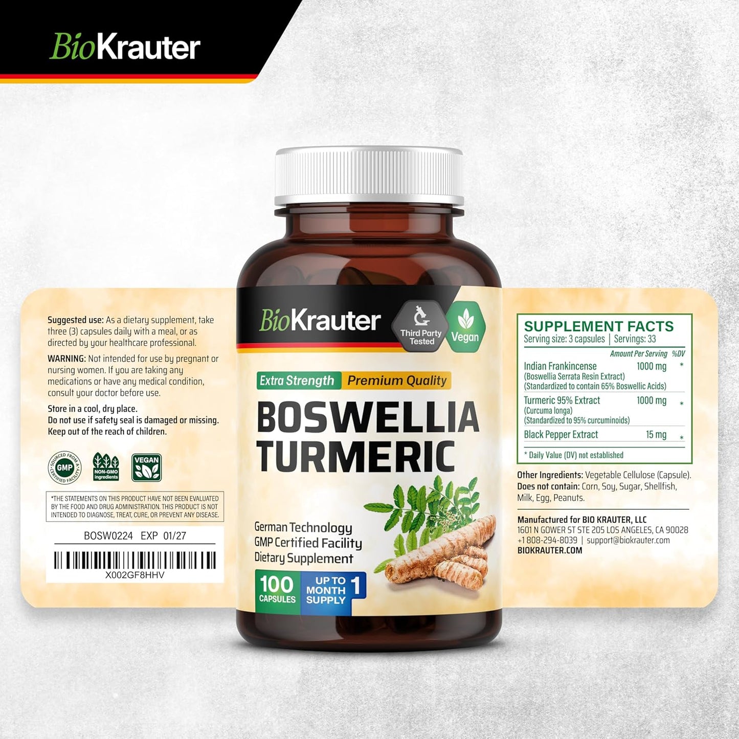 Vegan Turmeric and Boswellia Extract Capsules - 2000 mg Blend with Black Pepper - 100 Count - Herbal Supplement Formula