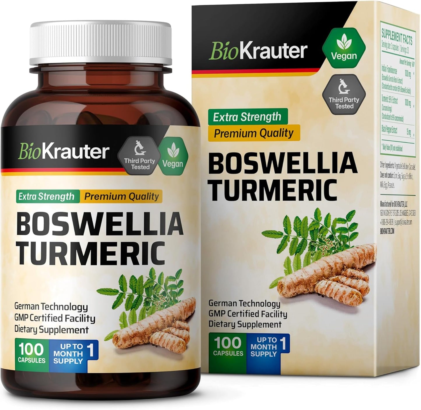 Vegan Turmeric and Boswellia Extract Capsules - 2000 mg Blend with Black Pepper - 100 Count - Herbal Supplement Formula