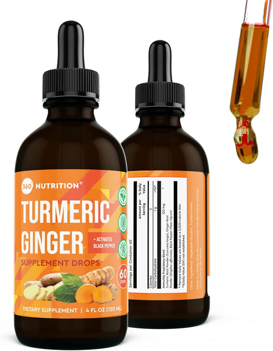 Vegan Turmeric and Ginger Supplement Drops for Gut Health and Joint Support, 4 fl oz, 60 Servings, Caffeine Free