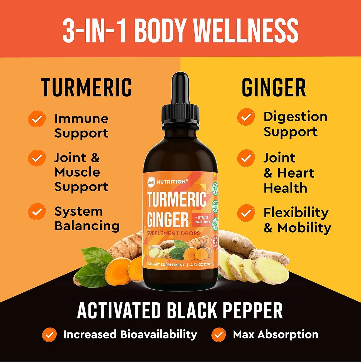 Vegan Turmeric and Ginger Supplement Drops for Gut Health and Joint Support, 4 fl oz, 60 Servings, Caffeine Free