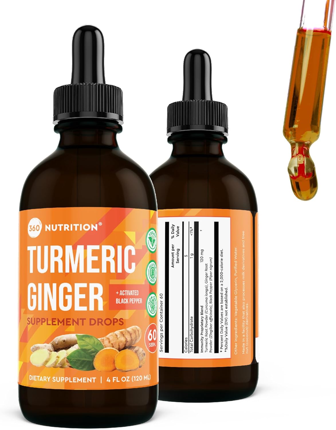 Vegan Turmeric and Ginger Supplement Drops for Gut Health and Joint Support, 4 fl oz, 60 Servings, Caffeine Free
