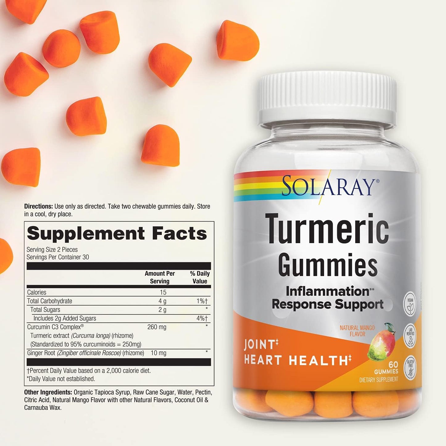 Vegan Turmeric Gummies with Ginger for Heart Health & Inflammation | Gluten Free | 60 Count, 30 Servings