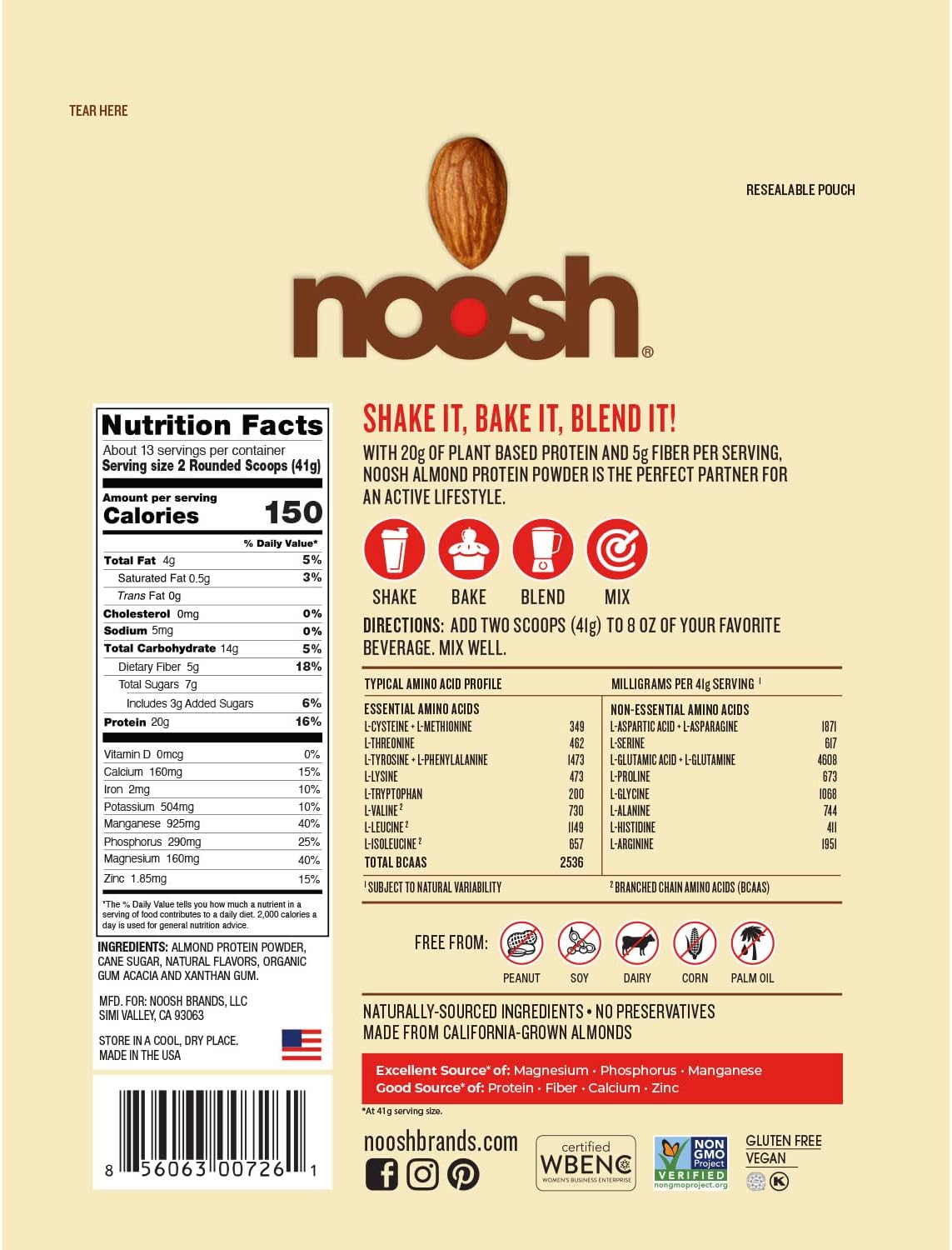 Vegan Vanilla Almond Protein Powder - Plant Based, All Natural, Non-GMO, Gluten-Free, Kosher, Peanut/Soy/Dairy Free - 35g