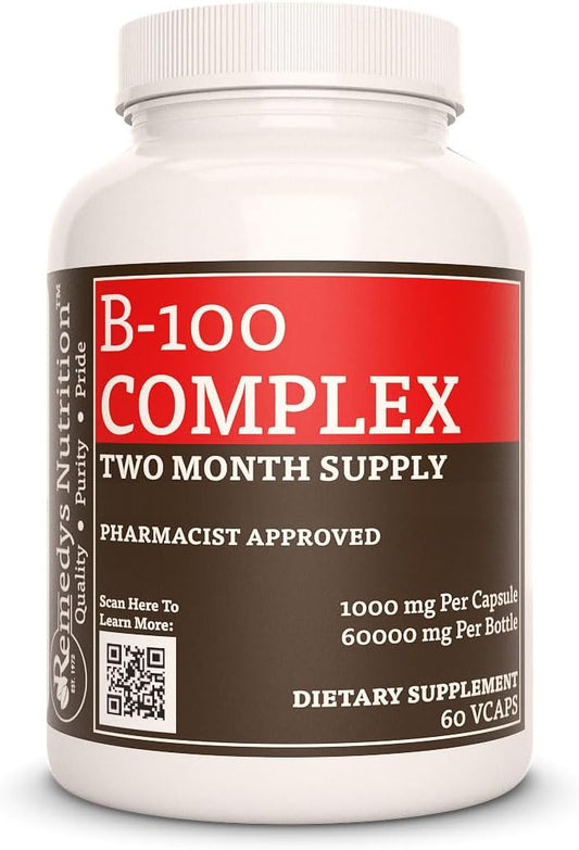 Vegan Vitamin B-100 Complex Dietary Supplement | 1,000 mg, 60 Capsules | 2 Month Supply | Non-GMO, Gluten and Dairy Free