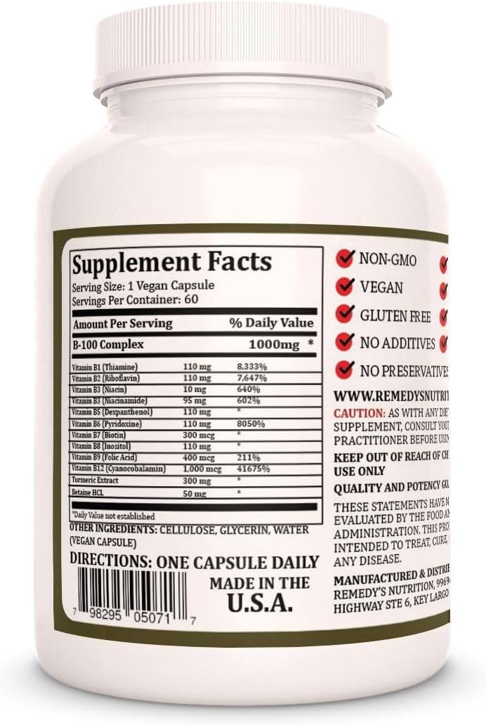 Vegan Vitamin B-100 Complex Dietary Supplement | 1,000 mg, 60 Capsules | 2 Month Supply | Non-GMO, Gluten and Dairy Free