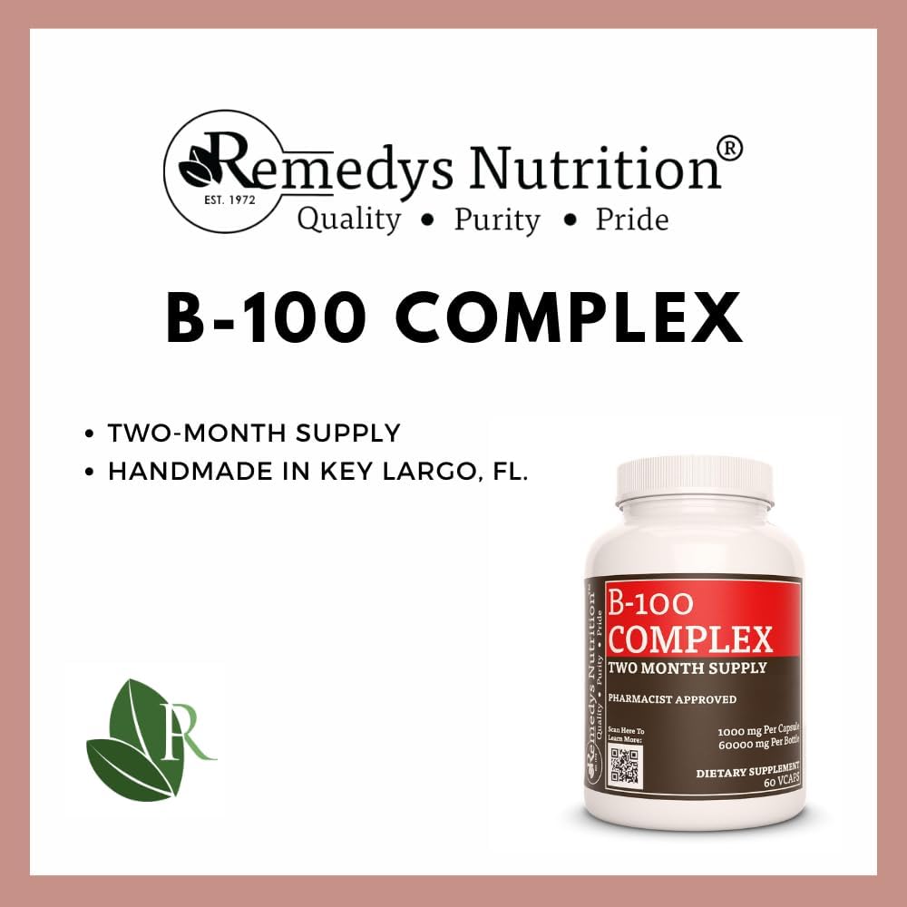 Vegan Vitamin B-100 Complex Dietary Supplement | 1,000 mg, 60 Capsules | 2 Month Supply | Non-GMO, Gluten and Dairy Free