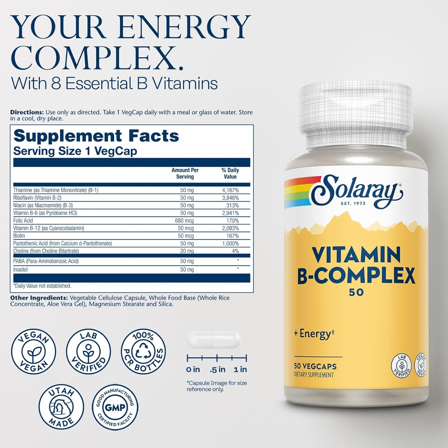 Vegan Vitamin B Complex 50mg for Energy and Nerve Health - Supports Metabolism with B12, B1, B6, Niacin, Folic Acid, Biotin - 50 VegCaps