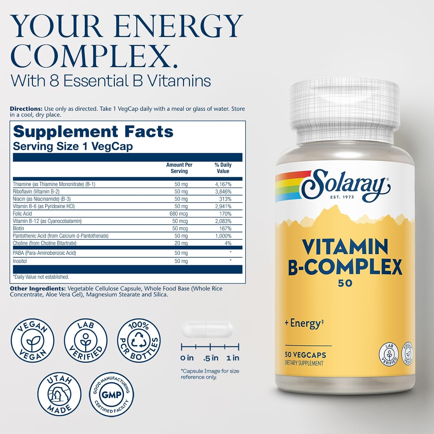 Vegan Vitamin B Complex 50mg for Energy and Nerve Health - Supports Metabolism with B12, B1, B6, Niacin, Folic Acid, Biotin - 50 VegCaps