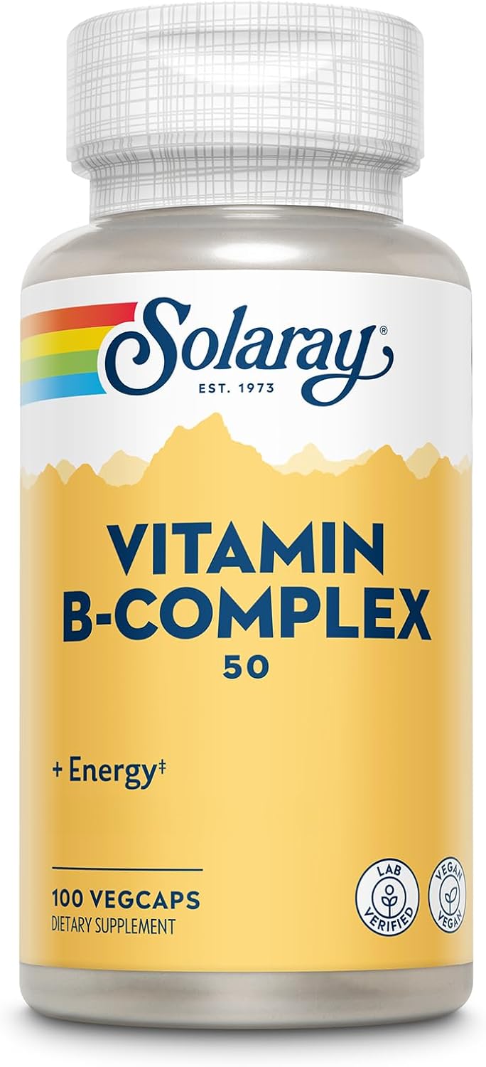 Vegan Vitamin B Complex 50mg VegCaps - Energy & Nerve Health Support - B12, B1, B6, Niacin, Folic Acid, Biotin - Metabolism Boost - Solaray