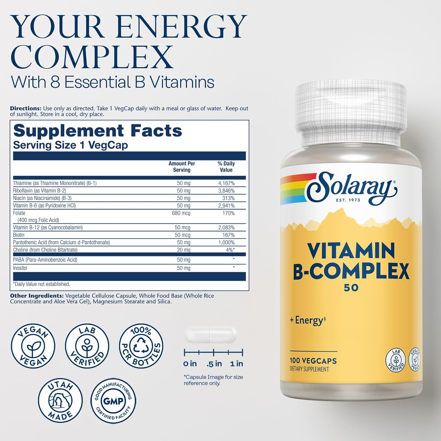 Vegan Vitamin B Complex 50mg VegCaps - Energy & Nerve Health Support - B12, B1, B6, Niacin, Folic Acid, Biotin - Metabolism Boost - Solaray