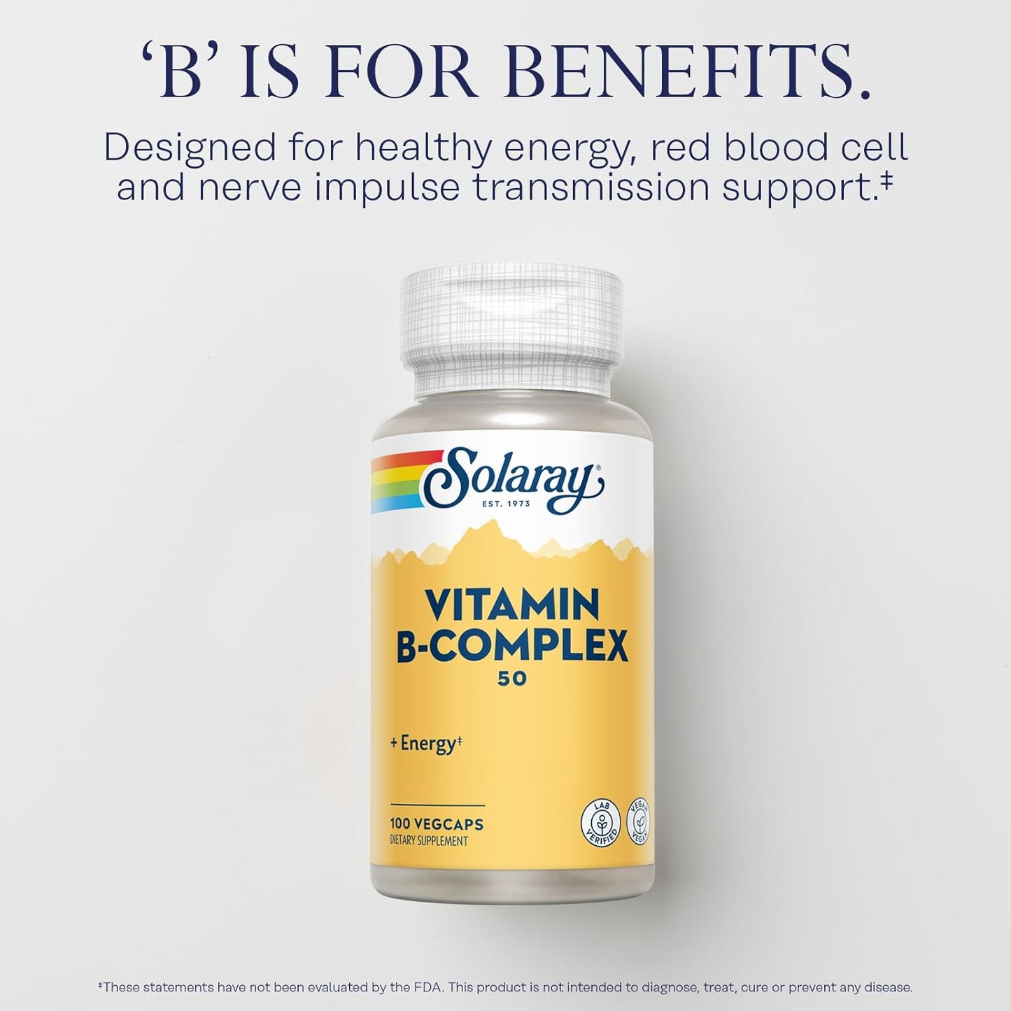 Vegan Vitamin B Complex 50mg VegCaps - Energy & Nerve Health Support - B12, B1, B6, Niacin, Folic Acid, Biotin - Metabolism Boost - Solaray