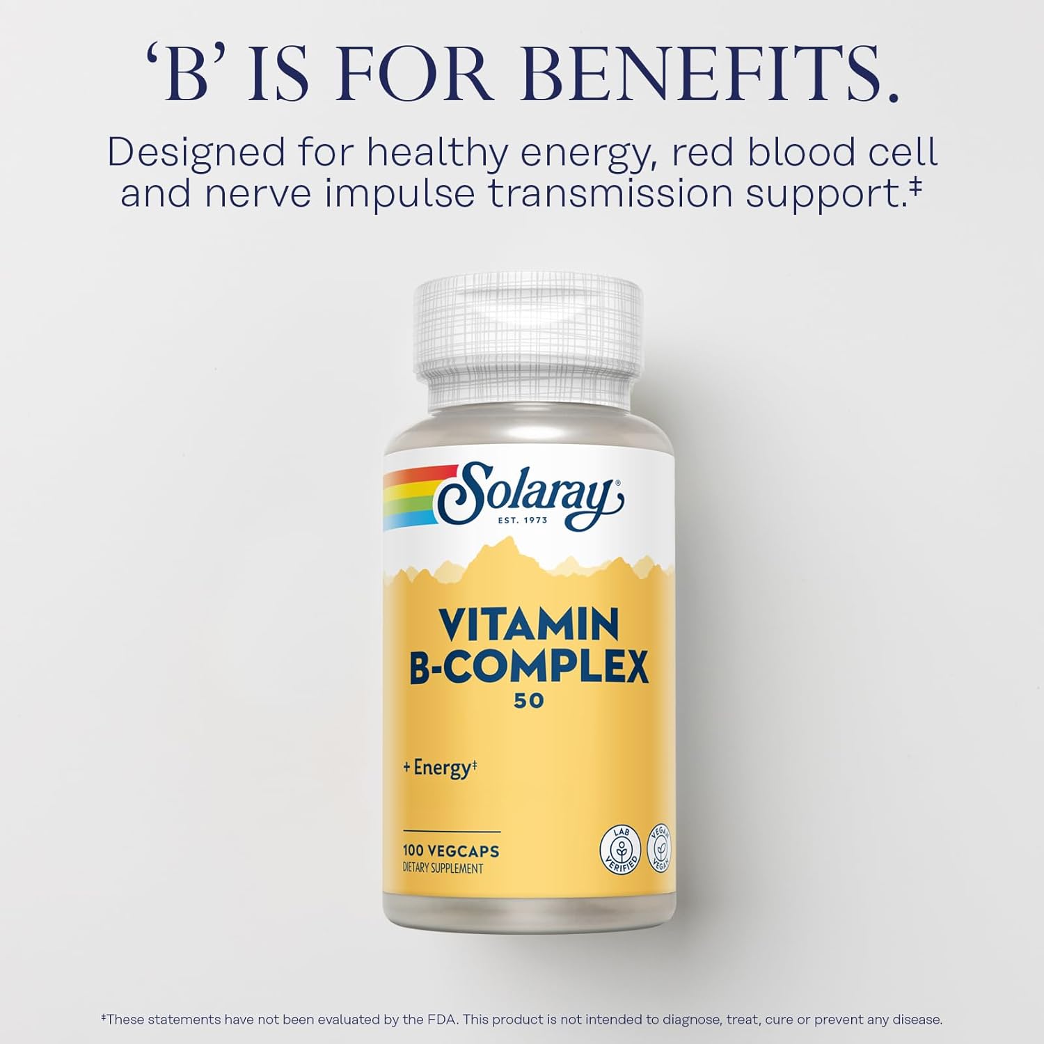 Vegan Vitamin B Complex 50mg VegCaps - Energy & Nerve Health Support - B12, B1, B6, Niacin, Folic Acid, Biotin - Metabolism Boost - Solaray