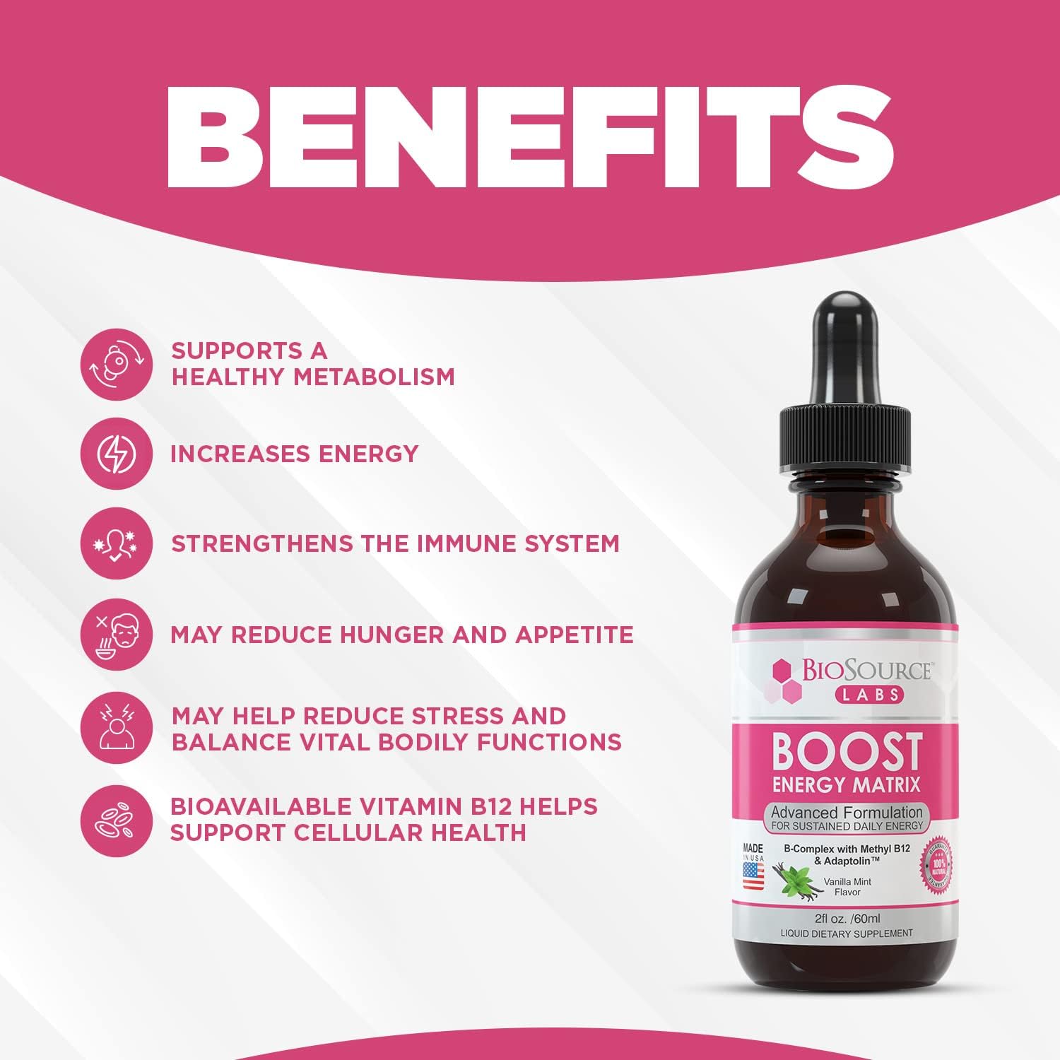 Vegan Vitamin B-Complex Energy Supplement with Methyl B12 & Adaptolin Liquid Drops (2oz Bottle) from BioSource Labs