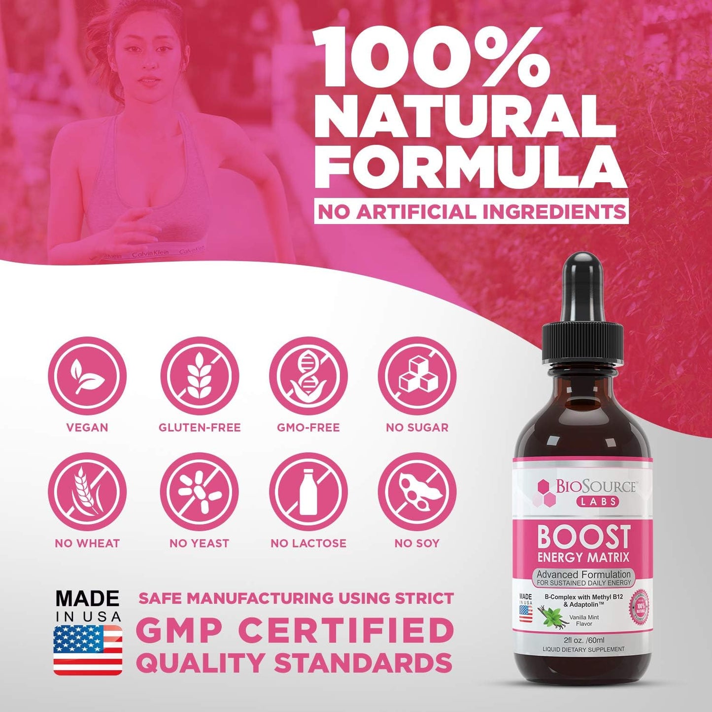 Vegan Vitamin B-Complex Energy Supplement with Methyl B12 & Adaptolin Liquid Drops (2oz Bottle) from BioSource Labs