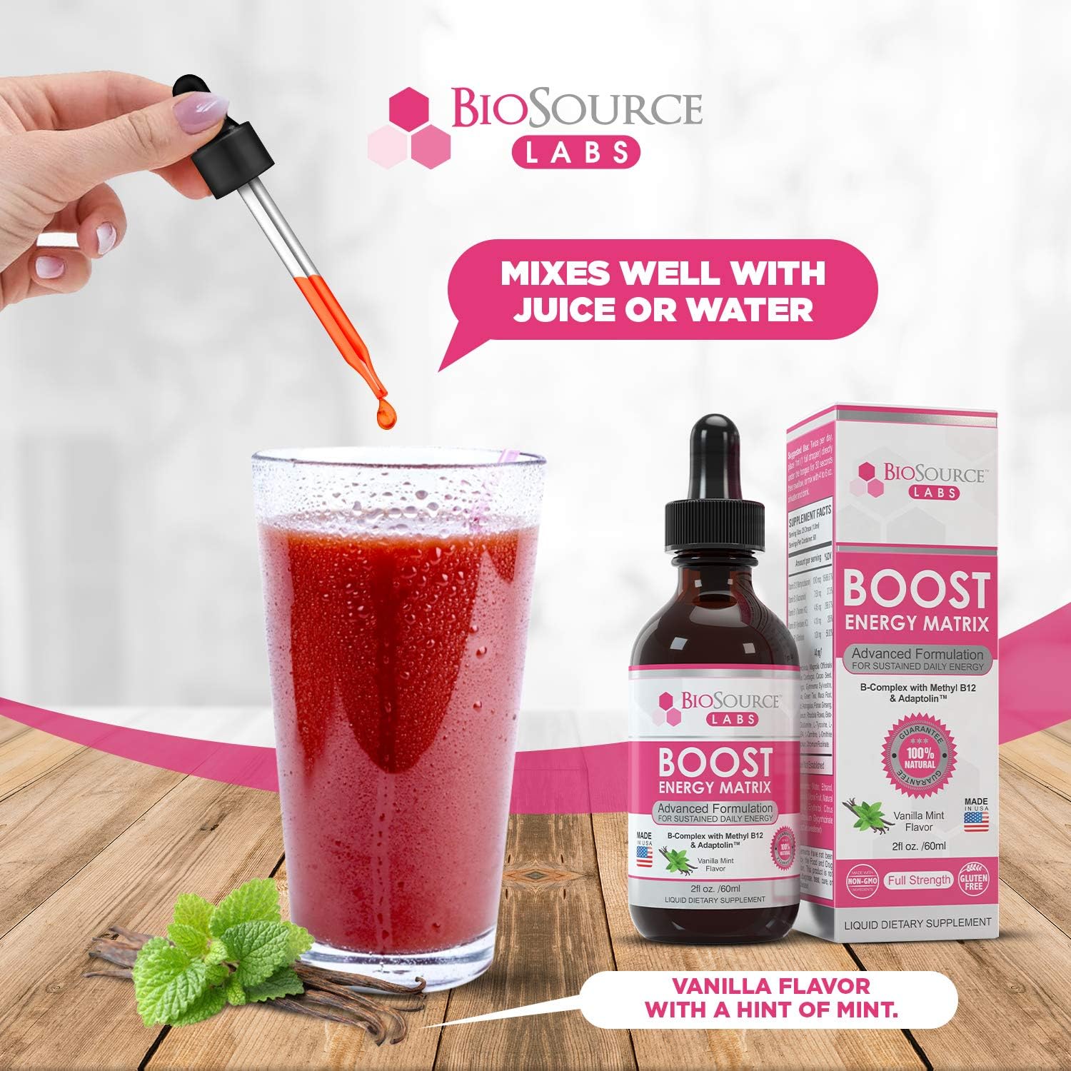 Vegan Vitamin B-Complex Energy Supplement with Methyl B12 & Adaptolin Liquid Drops (2oz Bottle) from BioSource Labs