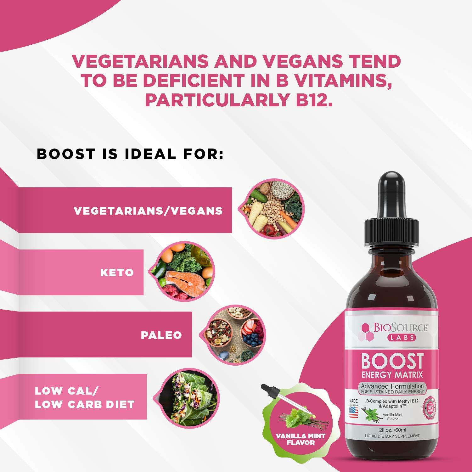 Vegan Vitamin B-Complex Energy Supplement with Methyl B12 & Adaptolin Liquid Drops (2oz Bottle) from BioSource Labs