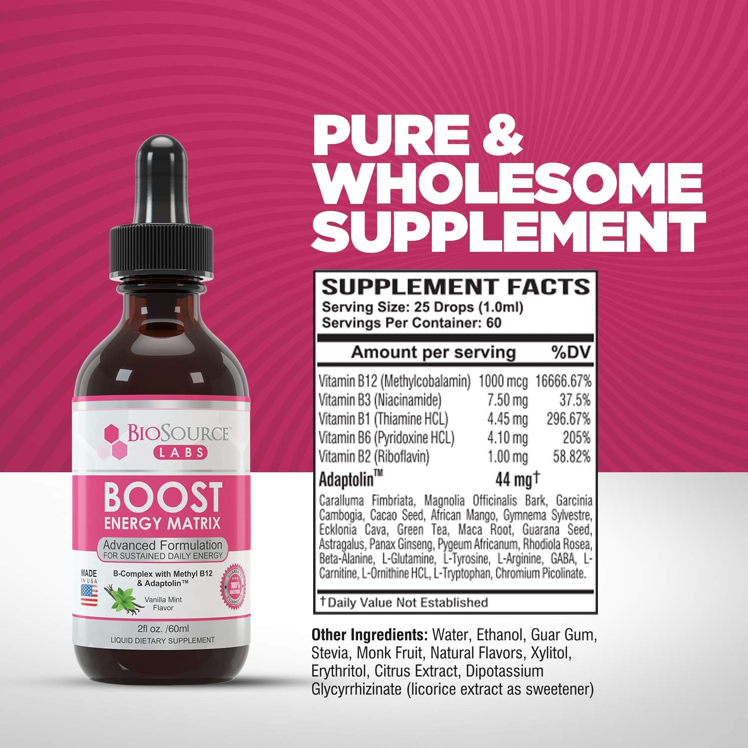 Vegan Vitamin B-Complex Energy Supplement with Methyl B12 & Adaptolin Liquid Drops (2oz Bottle) from BioSource Labs