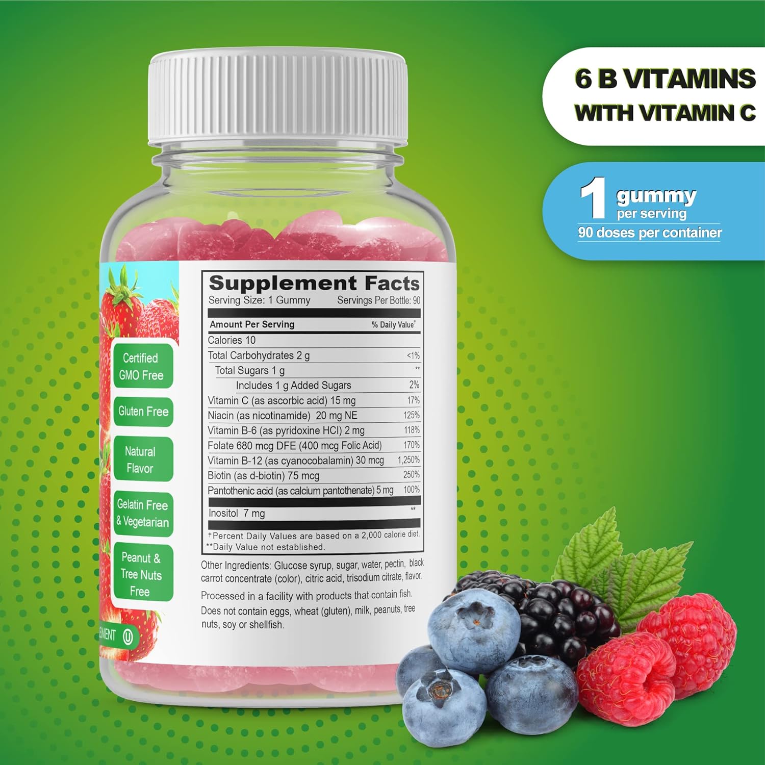 Vegan Vitamin B Complex Gummies with Natural Strawberry Flavor - Energy Support Dietary Supplement for Adults (90 Gummies)