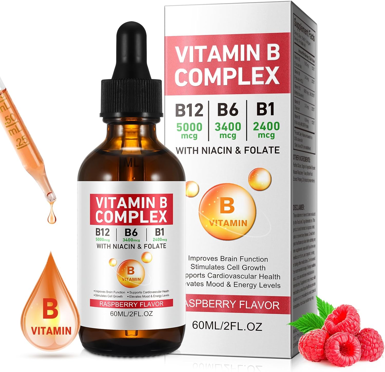 Vegan Vitamin B Complex Liquid Drops with B12, B1, B6, Folic Acid, Niacin - Energy, Brain, Heart Support, 40 Servings