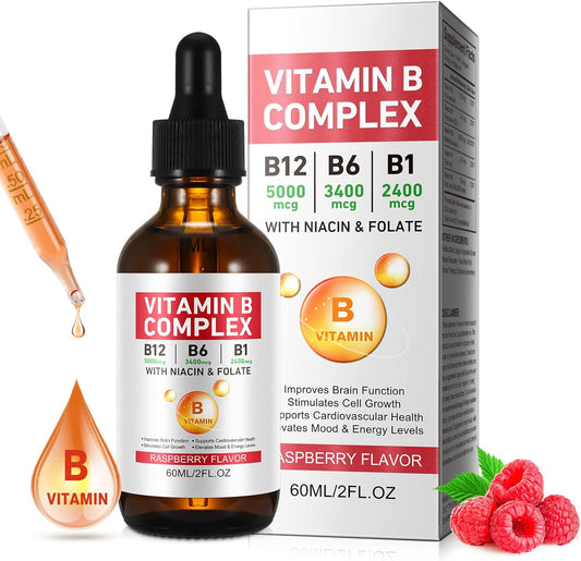 Vegan Vitamin B Complex Liquid Drops with B12, B1, B6, Folic Acid, Niacin - Energy, Brain, Heart Support, 40 Servings