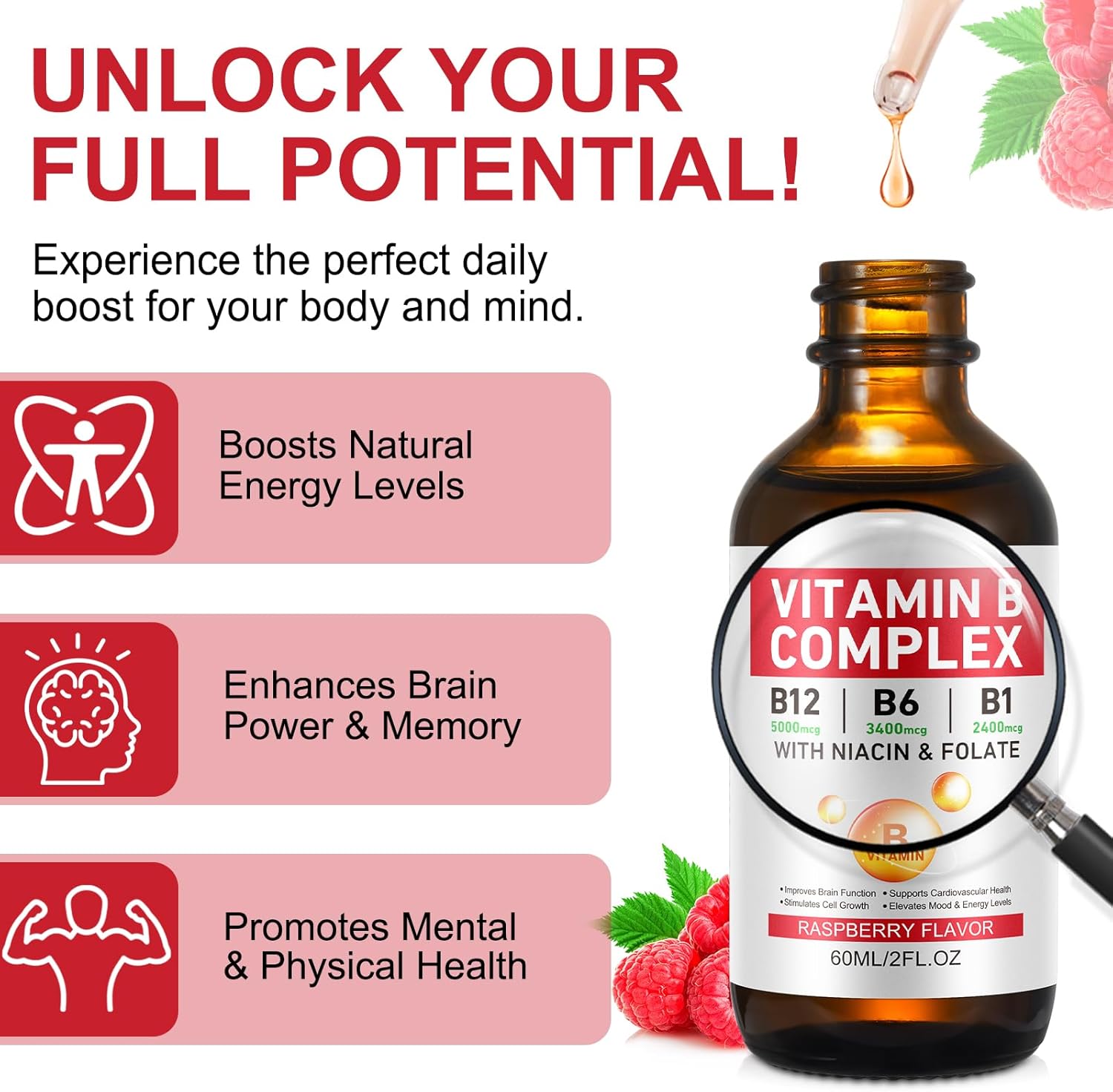 Vegan Vitamin B Complex Liquid Drops with B12, B1, B6, Folic Acid, Niacin - Energy, Brain, Heart Support, 40 Servings