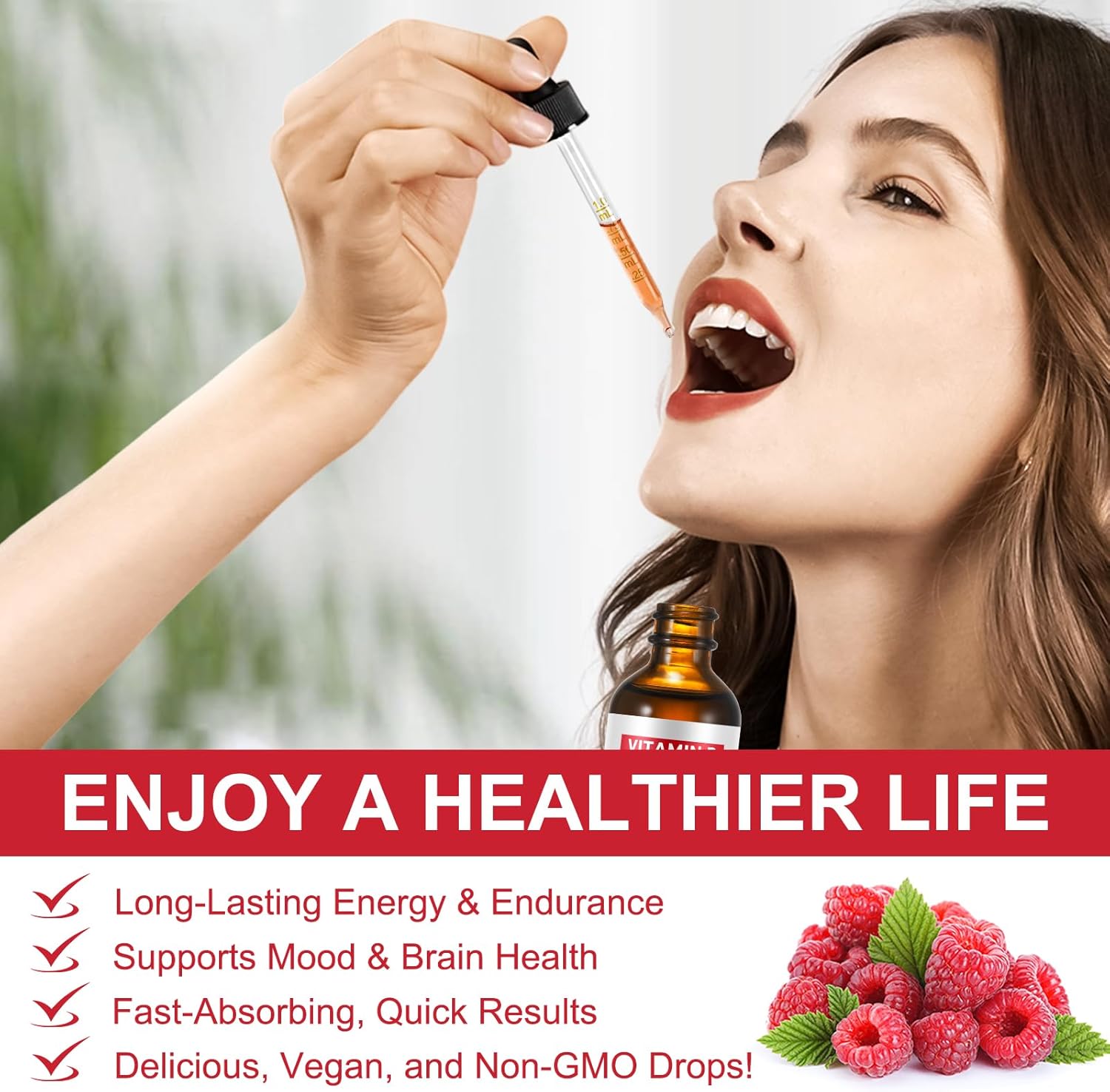 Vegan Vitamin B Complex Liquid Drops with B12, B1, B6, Folic Acid, Niacin - Energy, Brain, Heart Support, 40 Servings