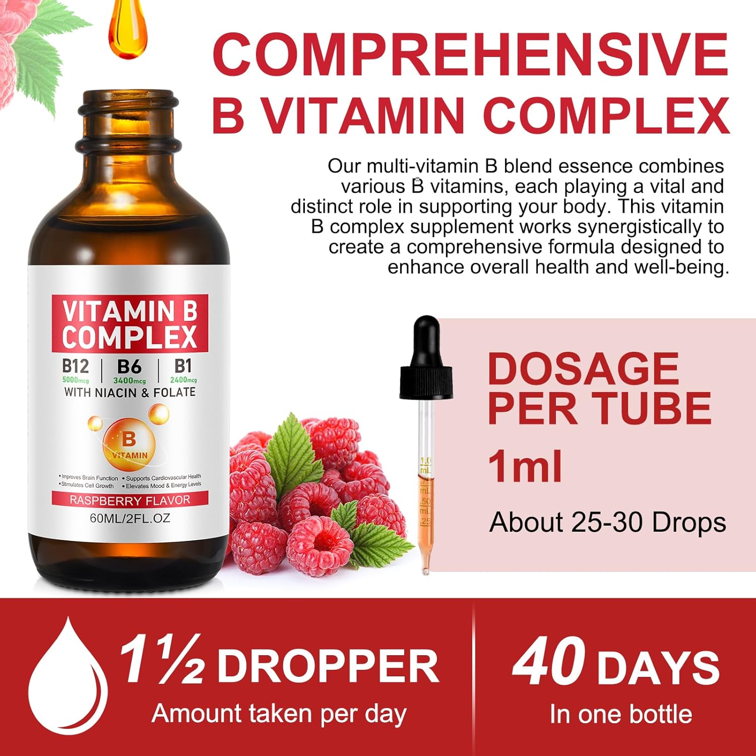 Vegan Vitamin B Complex Liquid Drops with B12, B1, B6, Folic Acid, Niacin - Energy, Brain, Heart Support, 40 Servings