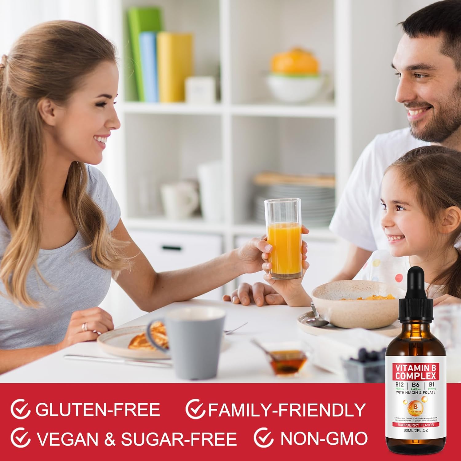 Vegan Vitamin B Complex Liquid Drops with B12, B1, B6, Folic Acid, Niacin - Energy, Brain, Heart Support, 40 Servings