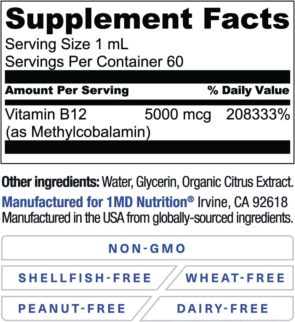 Vegan Vitamin B12 Supplement 5000mcg Methylcobalamin for Energy and Immune Support by 1MD Nutrition