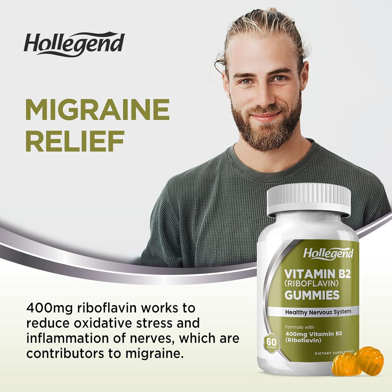 Vegan Vitamin B2 Gummies for Migraine Relief - 400mg Riboflavin Chewable Supplement, Non GMO, Orange Flavor - 120 Count