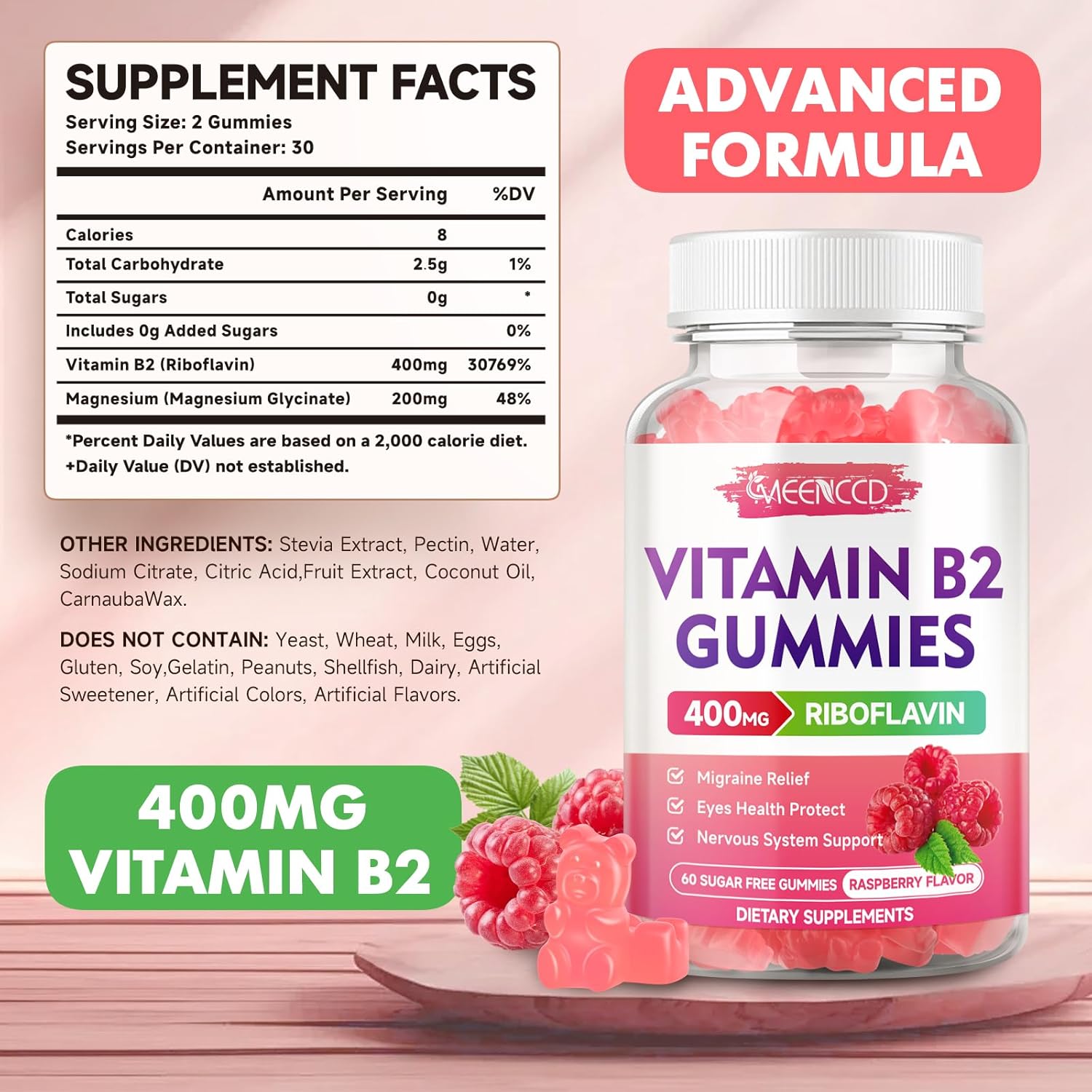 Vegan Vitamin B2 Gummies with Magnesium for Migraine Relief - 60 Count