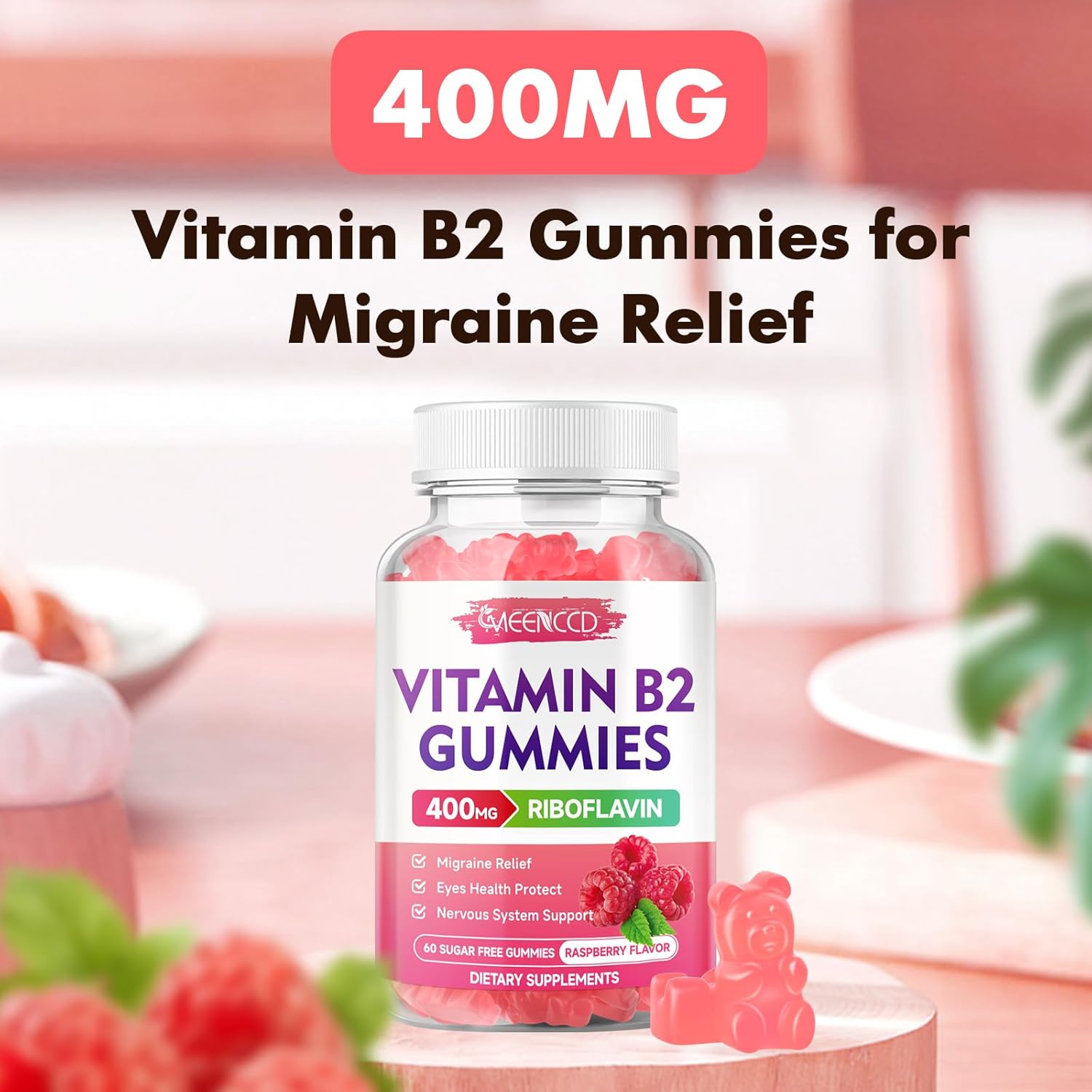 Vegan Vitamin B2 Gummies with Magnesium for Migraine Relief - 60 Count