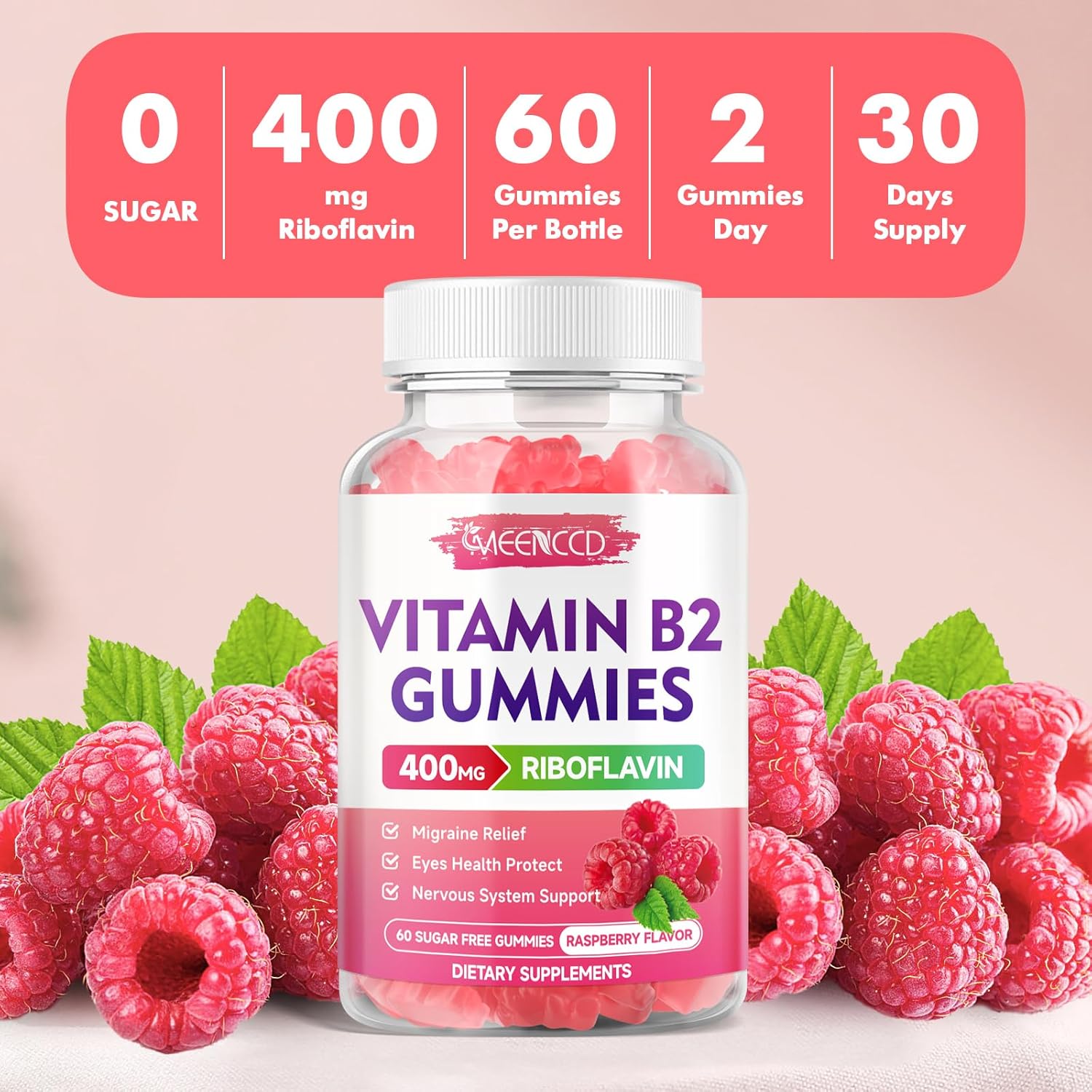 Vegan Vitamin B2 Gummies with Magnesium for Migraine Relief - 60 Count