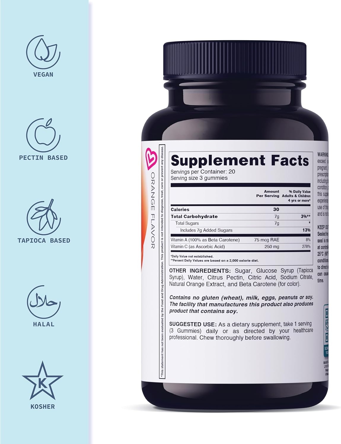Vegan Vitamin C Gummies for Adults - Immune Support Supplement with 250mg Vitamin C, Orange Flavor, 60 Count