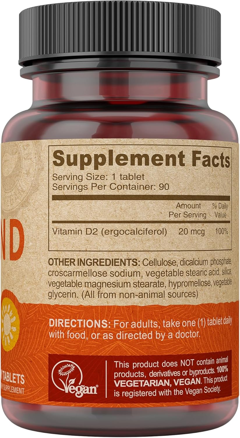 Vegan Vitamin D2 800 IU Supplement, Ergocalciferol Tablets, Animal Ingredient-Free, 90 Count