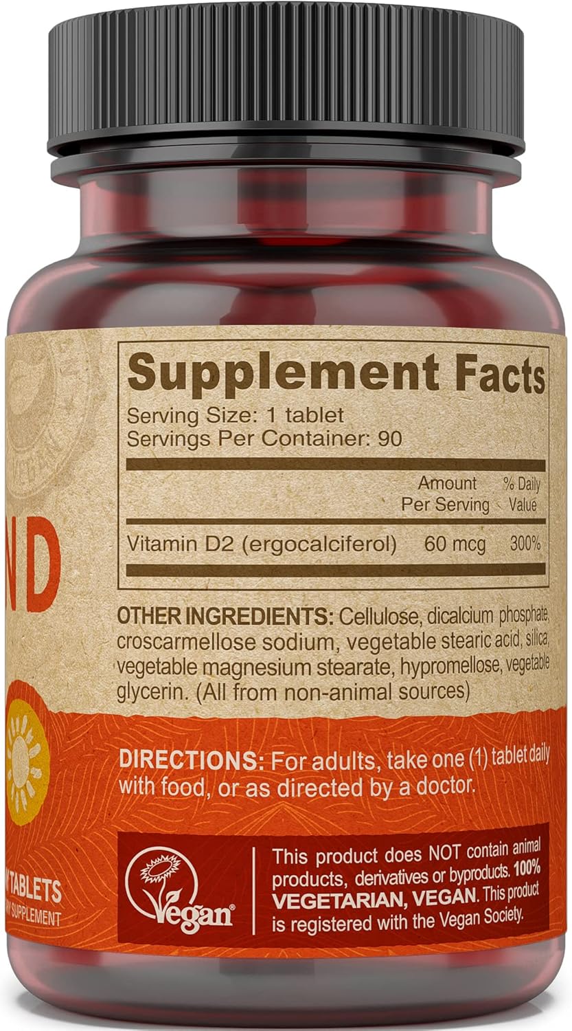 Vegan Vitamin D2 Supplement 60 mcg 2400 IU, Ergocalciferol Tablets - Animal Ingredient-Free (90ct x 3)