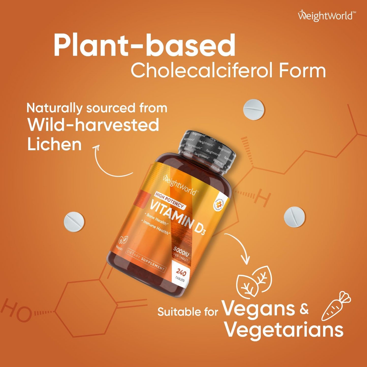 Vegan Vitamin D3 5000 IU Tablets - 240 Tablets (8 Months Supply) - Lichen-Based D3 for Bone & Immune Health - Highly Bioavailable Supplement