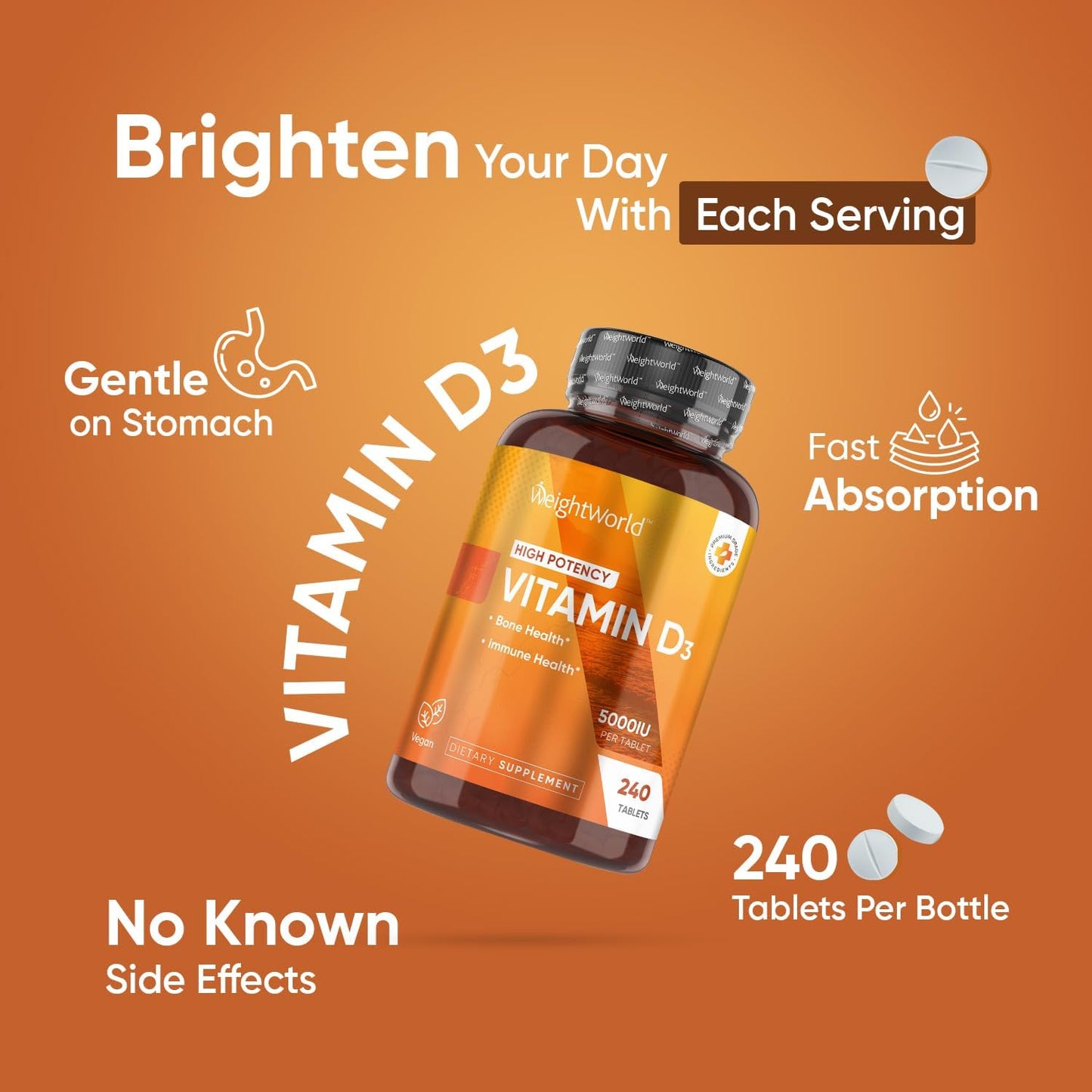 Vegan Vitamin D3 5000 IU Tablets - 240 Tablets (8 Months Supply) - Lichen-Based D3 for Bone & Immune Health - Highly Bioavailable Supplement