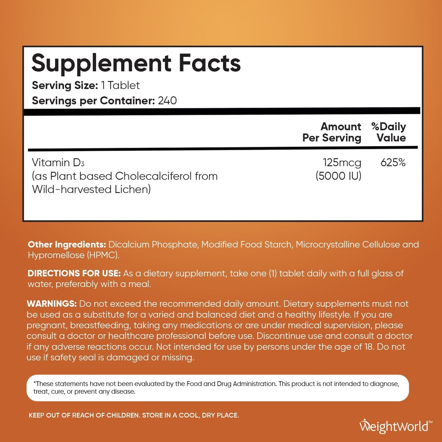 Vegan Vitamin D3 5000 IU Tablets - 240 Tablets (8 Months Supply) - Lichen-Based D3 for Bone & Immune Health - Highly Bioavailable Supplement