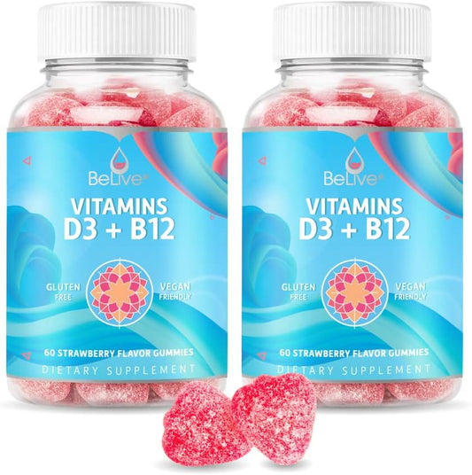 Vegan Vitamin D3 & B12 Gummies for Immune Support, Bone Strength, Heart Health & Energy - Strawberry Flavor | 2-Pack