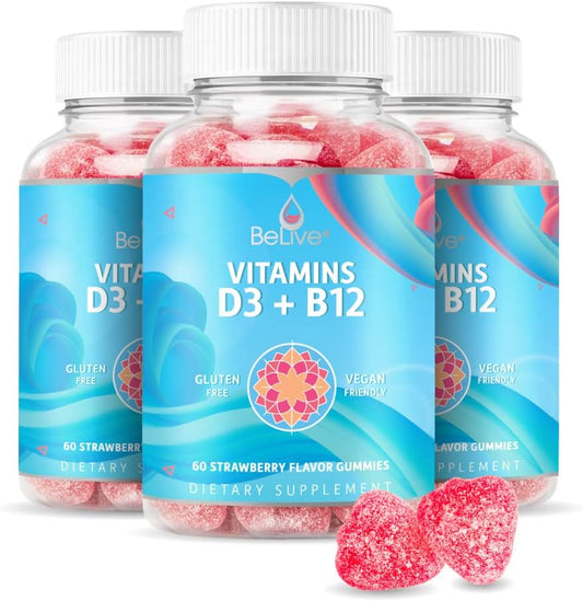 Vegan Vitamin D3 & B12 Gummies for Immune Support, Bone Strength, and Energy - Strawberry Flavor | 3-Pack