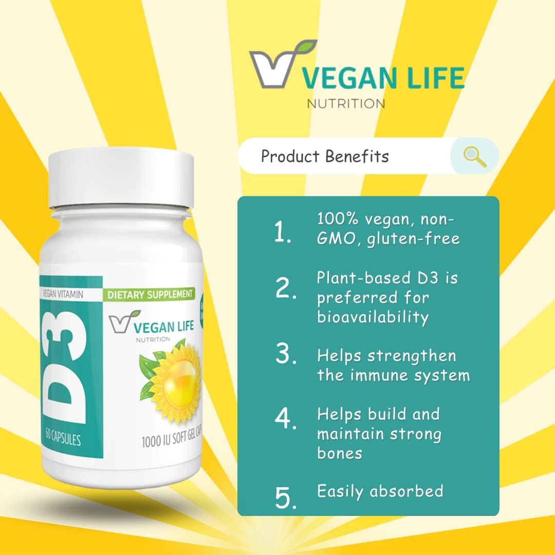 Vegan Vitamin D3 Capsules (1000 IU) for Adults - Gluten-Free, Non-GMO - Supports Bone Health & Immune System - 60 Capsules
