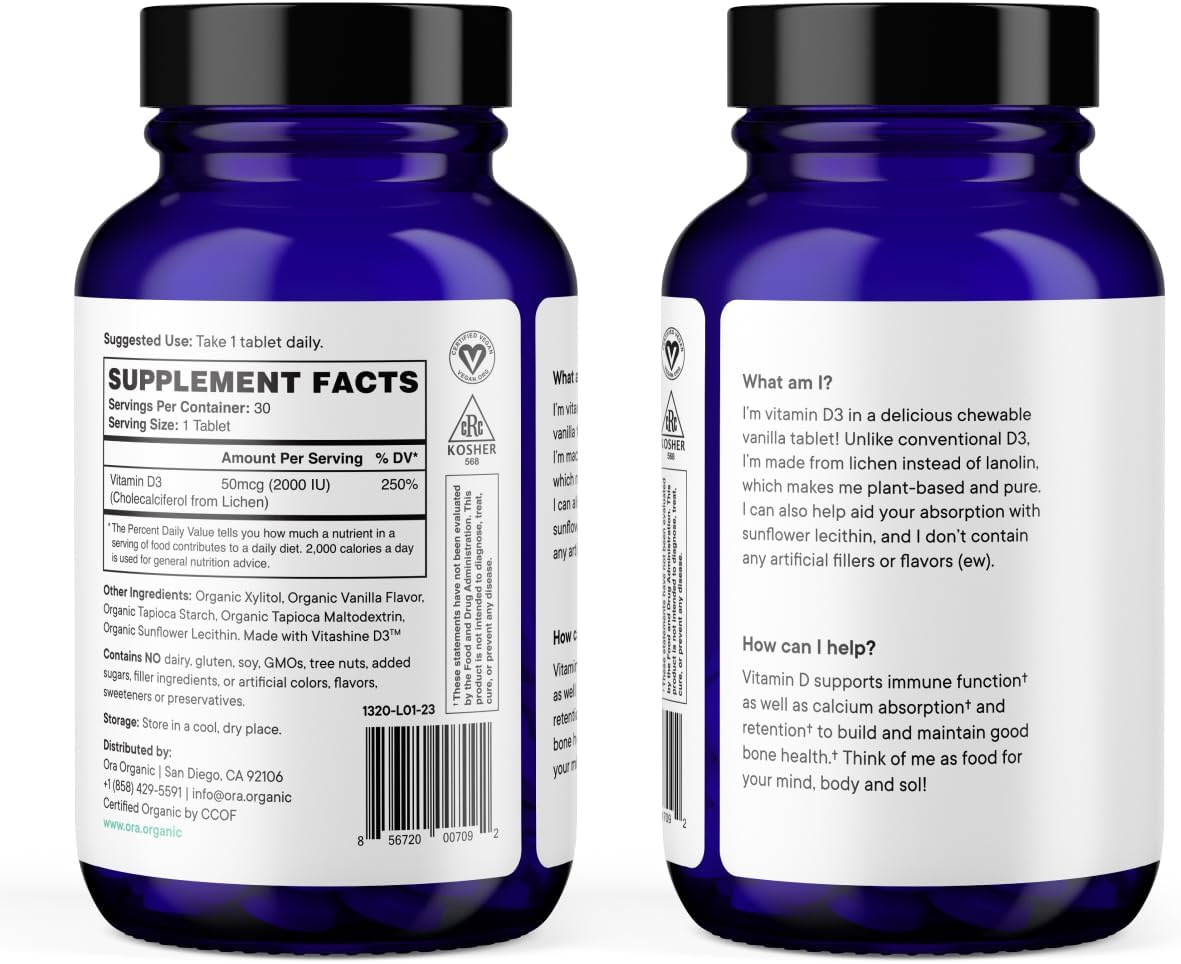 Vegan Vitamin D3 Chewables from Lichen - Bone Health, Immune Support, Mood Boost | 30 Vegan Vanilla Tablets - 2000IU, 1 Month Supply